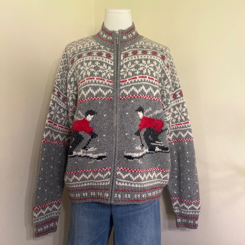 Marsh Landing Vintage Hand Knit Skier Cardigan Sweater Gray Red Wool Blend Large